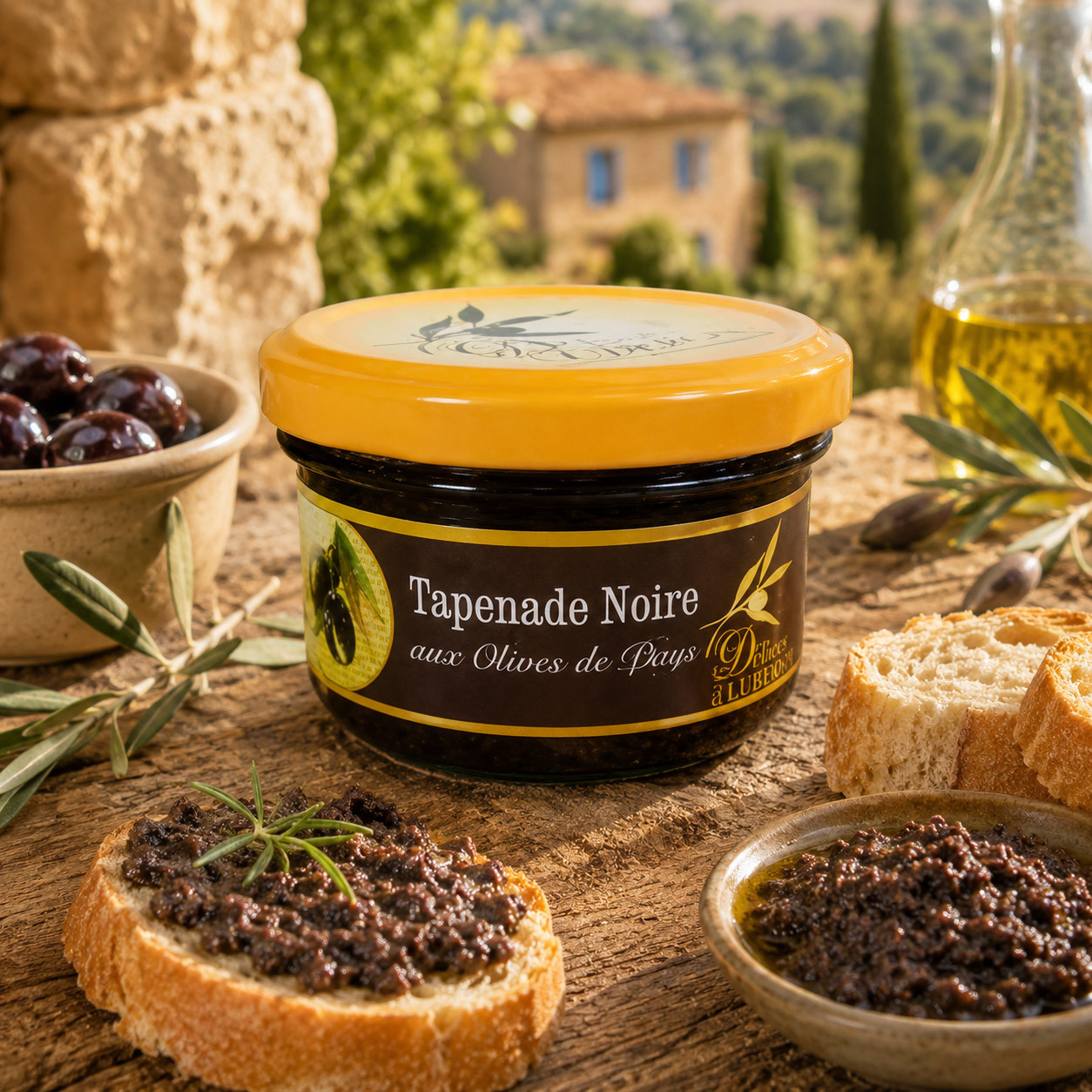 D&eacute;lices du Luberon black olive tapenade spread on toasted baguette with olive oil