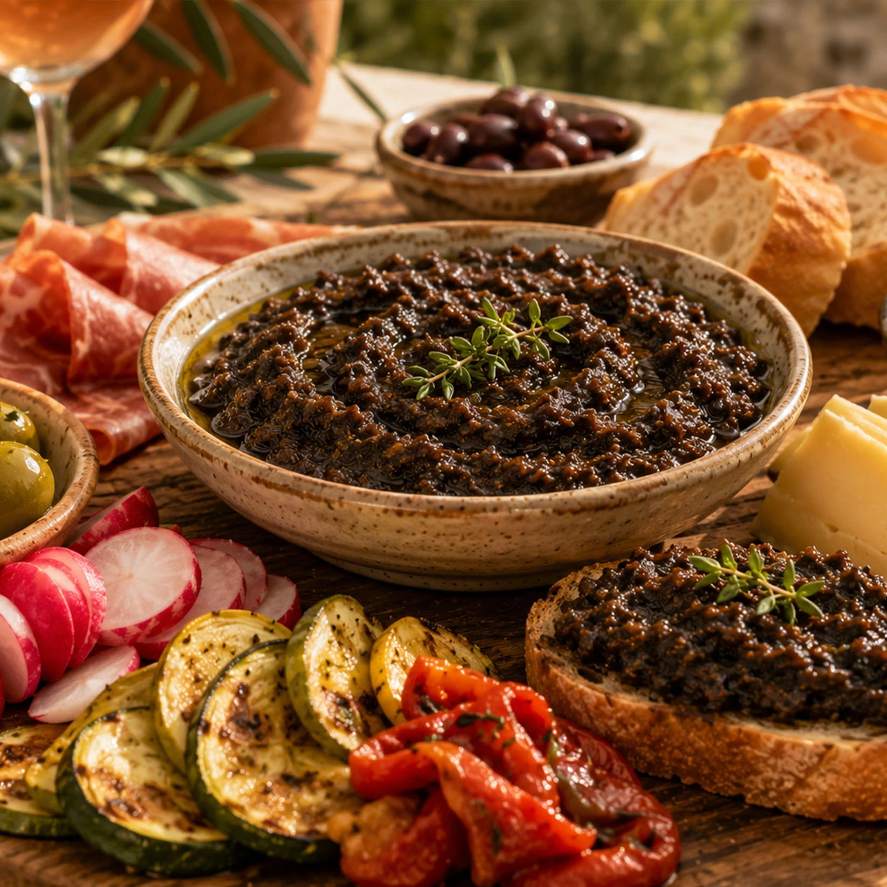 D&eacute;lices du Luberon eggplant caviar on a Provence summer ap&eacute;ro board