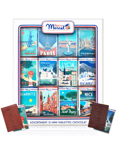Sacre MArcel Mini chocolate bars wrapped in French landscape Sacre MArcel Mini chocolate bars wrapped in French landscape