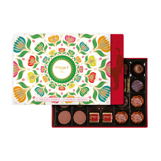 Limited Floral Edition red tin with assorted Maxim’s de Paris chocolates