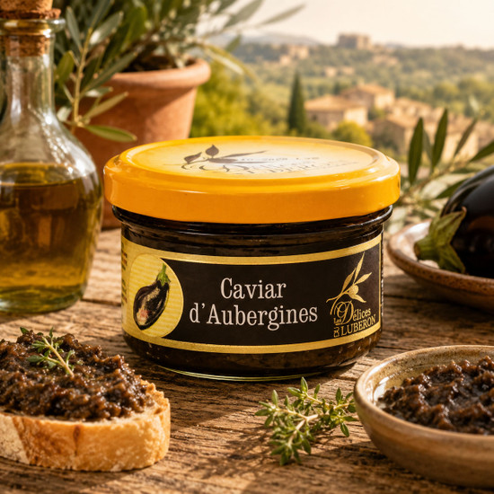 Délices du Luberon Eggplant Caviar jar — Provençal caviar d'aubergine made with 60% oven-roasted eggplant, olive oil and garlic, Product of France