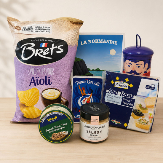My French Recipe French Summer Box - 7 imported French products including Brets Aioli chips, Groix & Nature Salmon Rillettes, Hénaff Pâté, Brioche Pasquier Mini Toasts and Sacré Marcel collector tins, Product of France
