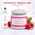 Authentic French raspberry jam made in Paris, 63% fruit content, small batch crafted with natural ingredients.