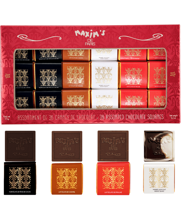 Maxim’s de Paris Assorted Chocolate Squares Gift Box – 36 French chocolates in clear Parisian packaging Maxim’s de Paris Assorted Chocolate Squares Gift Box – 36 French chocolates in clear Parisian packaging