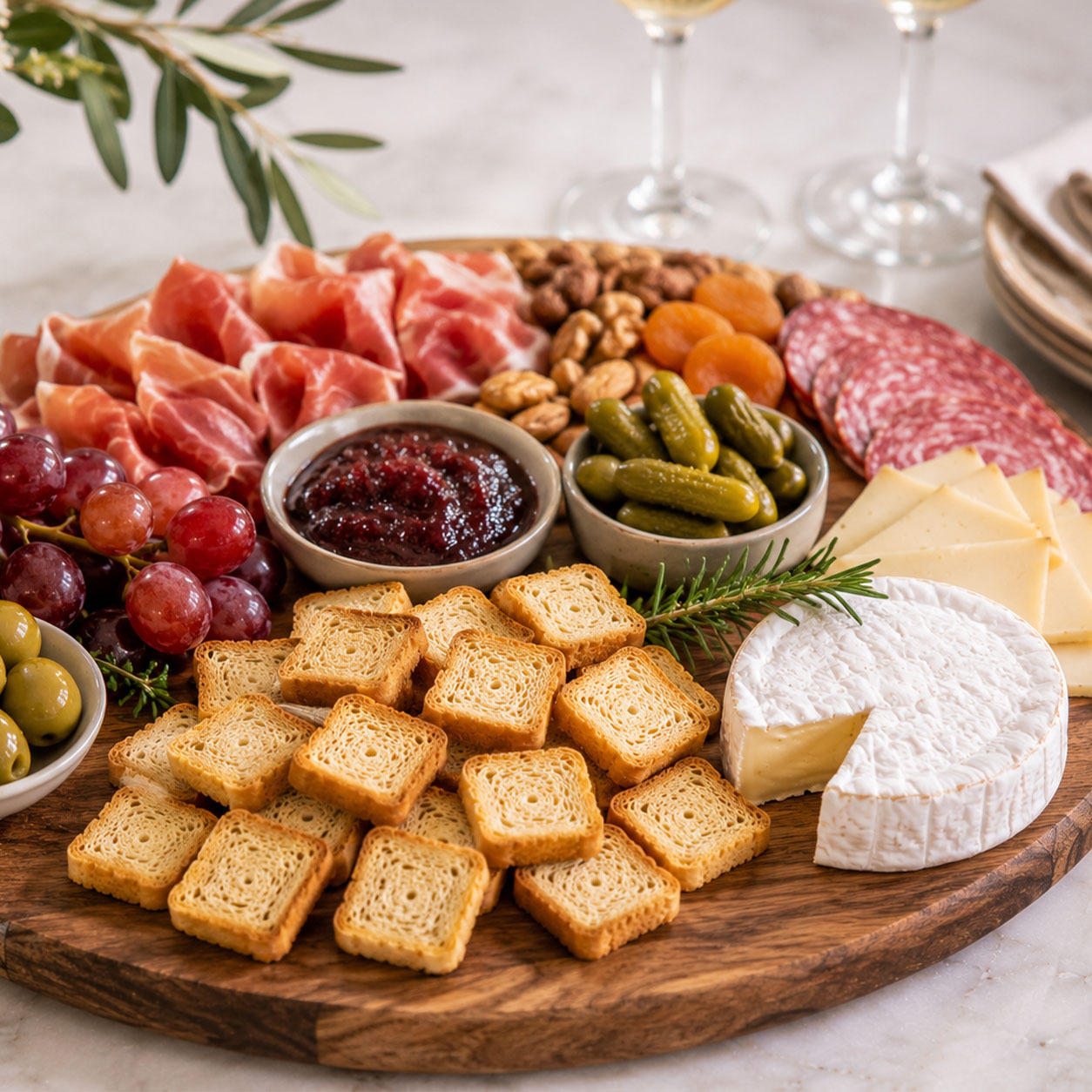 Brioche Pasquier mini toasts on a French cheese and charcuterie board
