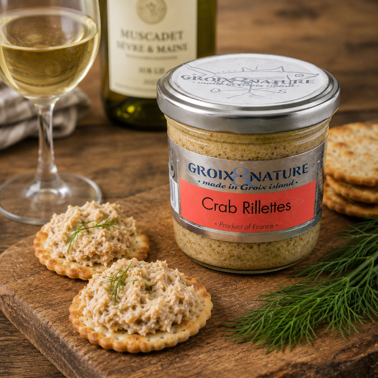 Groix & Nature crab rillettes on crackers with white wine