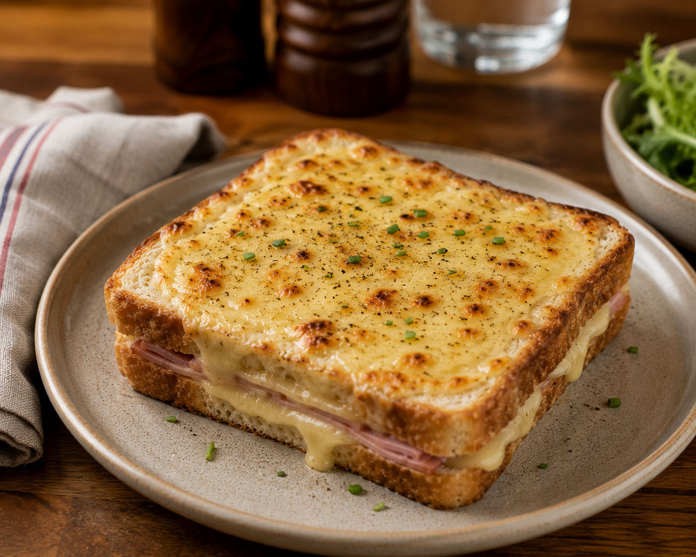 Pommery Dijon mustard spread on a croque monsieur sandwich