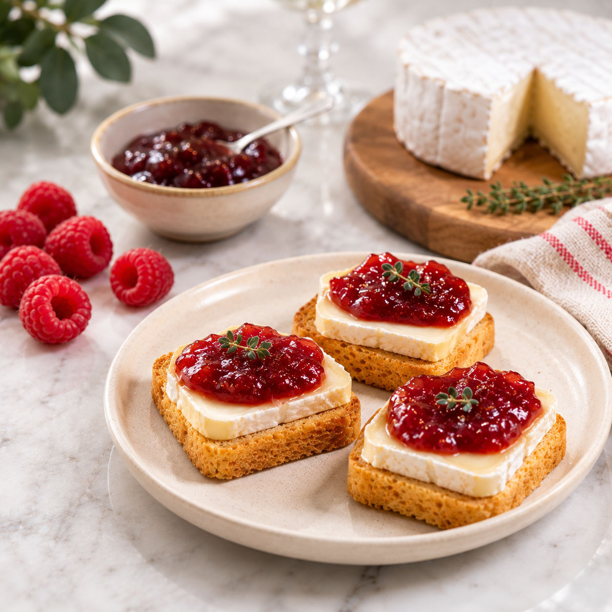Brioche Pasquier mini toasts topped with cheese and jam
