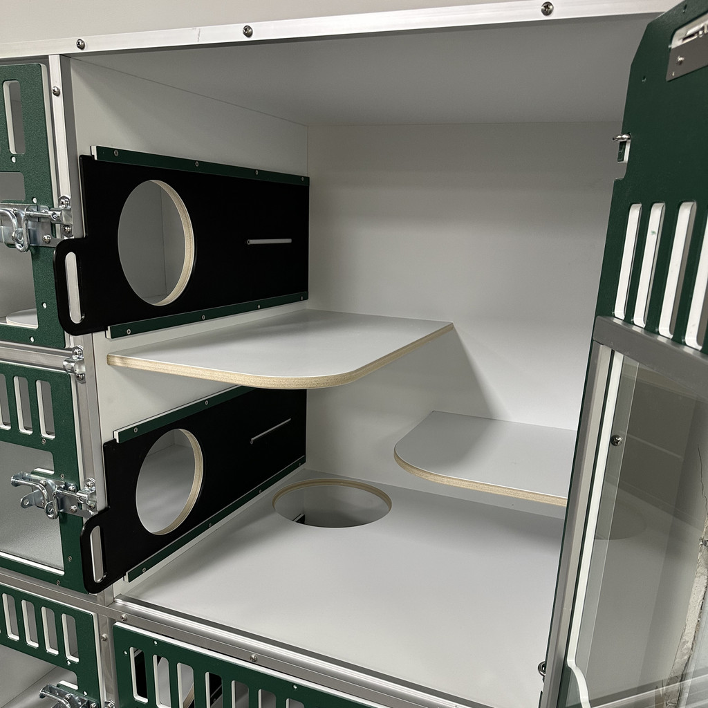 Cat Hotel Unit with forest green, glass doors. Shows the cat portal, which can be opened for cats to roam the entire unit.