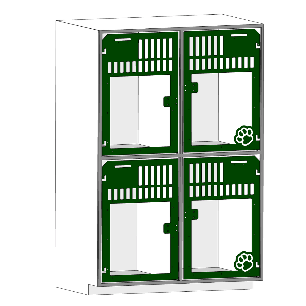 Double stacked kennel with glass doors for dog boarding.