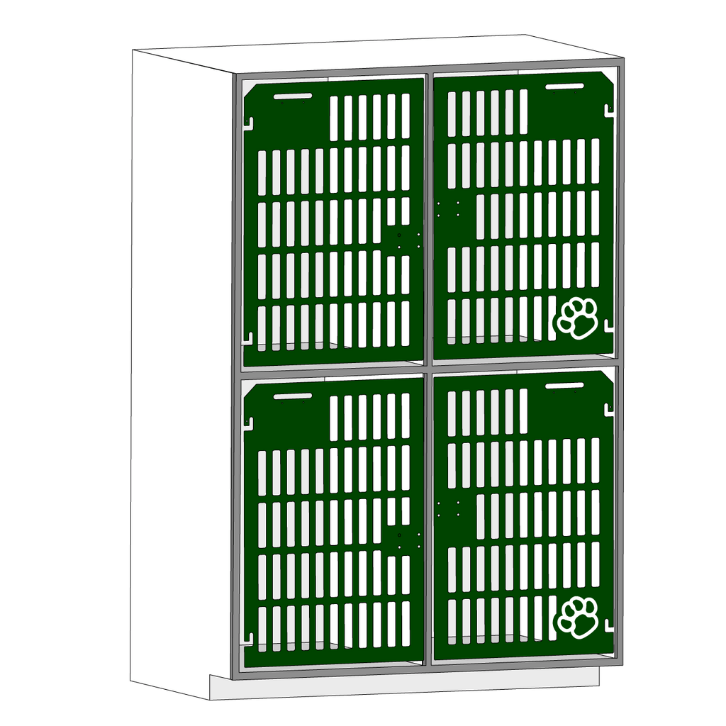 Double stacked kennel with slotted gates for boarding or grooming.