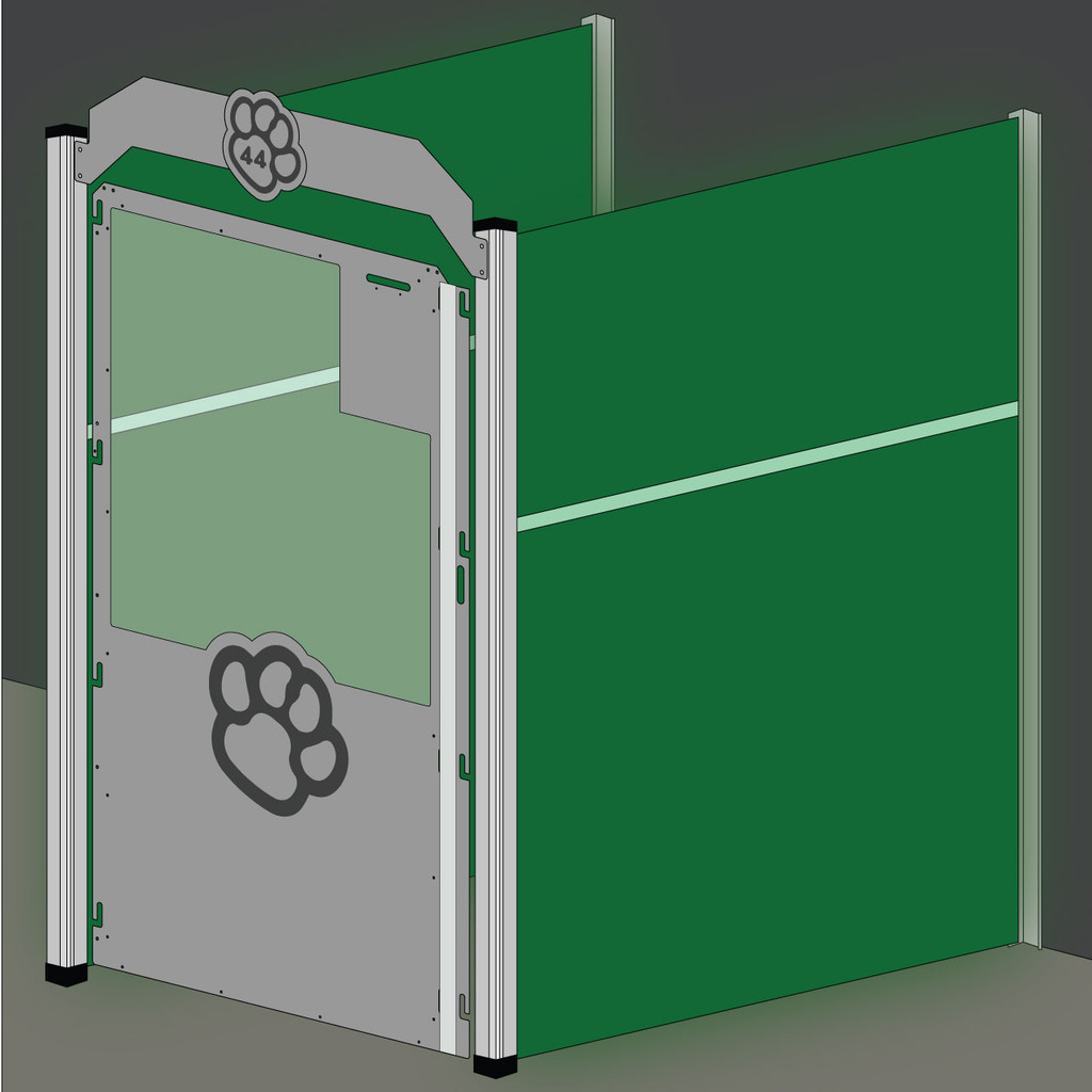 Drawing of a dog kennel with the kennel side panels highlighted in green to show where they belong.