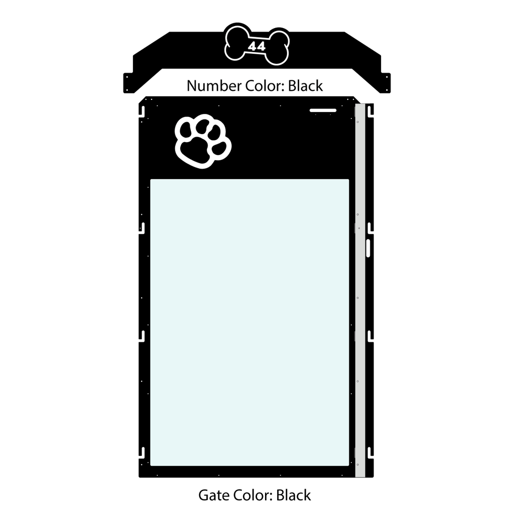 Black dog kennel door with glass all the way down.