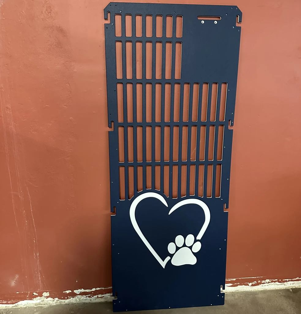 Standard 3ft wide, navy blue kennel gate. Gate features our heart header design on the gate.