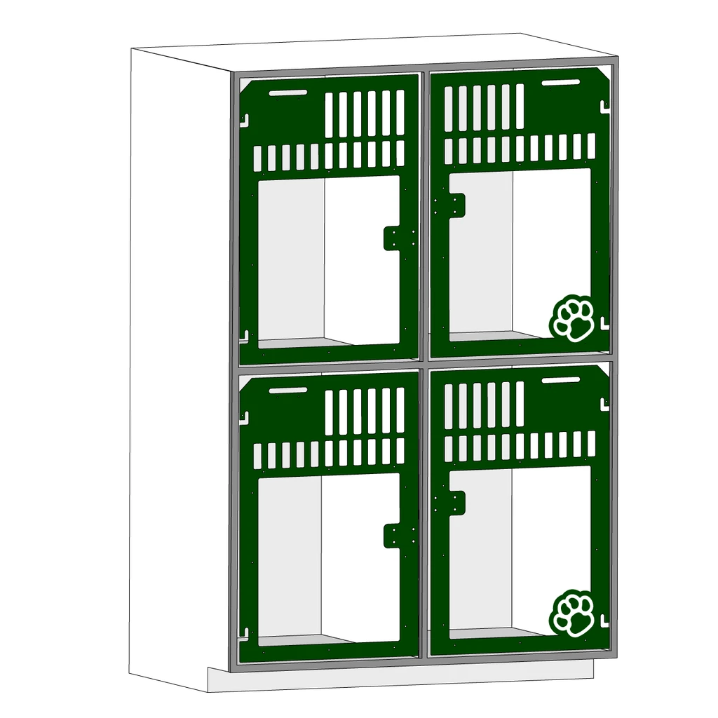 Double stacked kennel with glass doors for dog boarding.