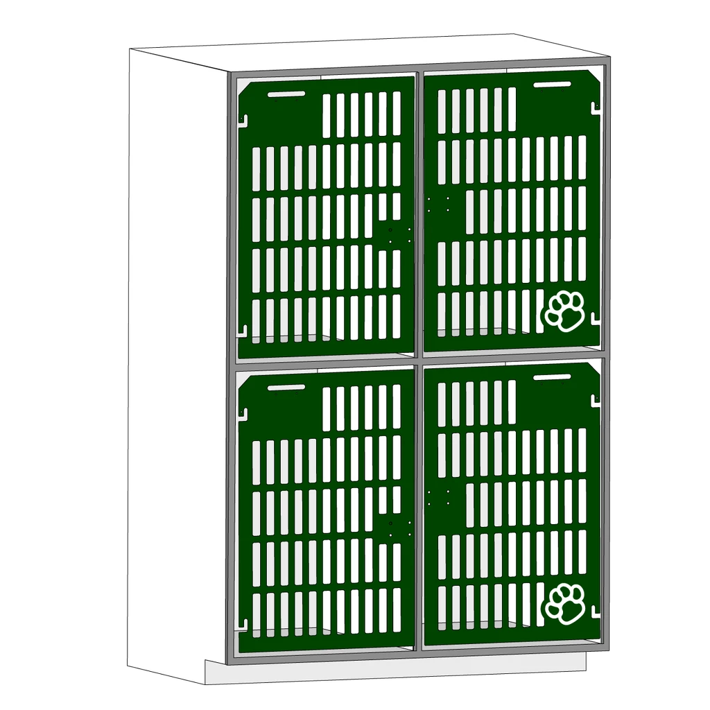 Double stacked kennel with slotted gates for boarding or grooming.