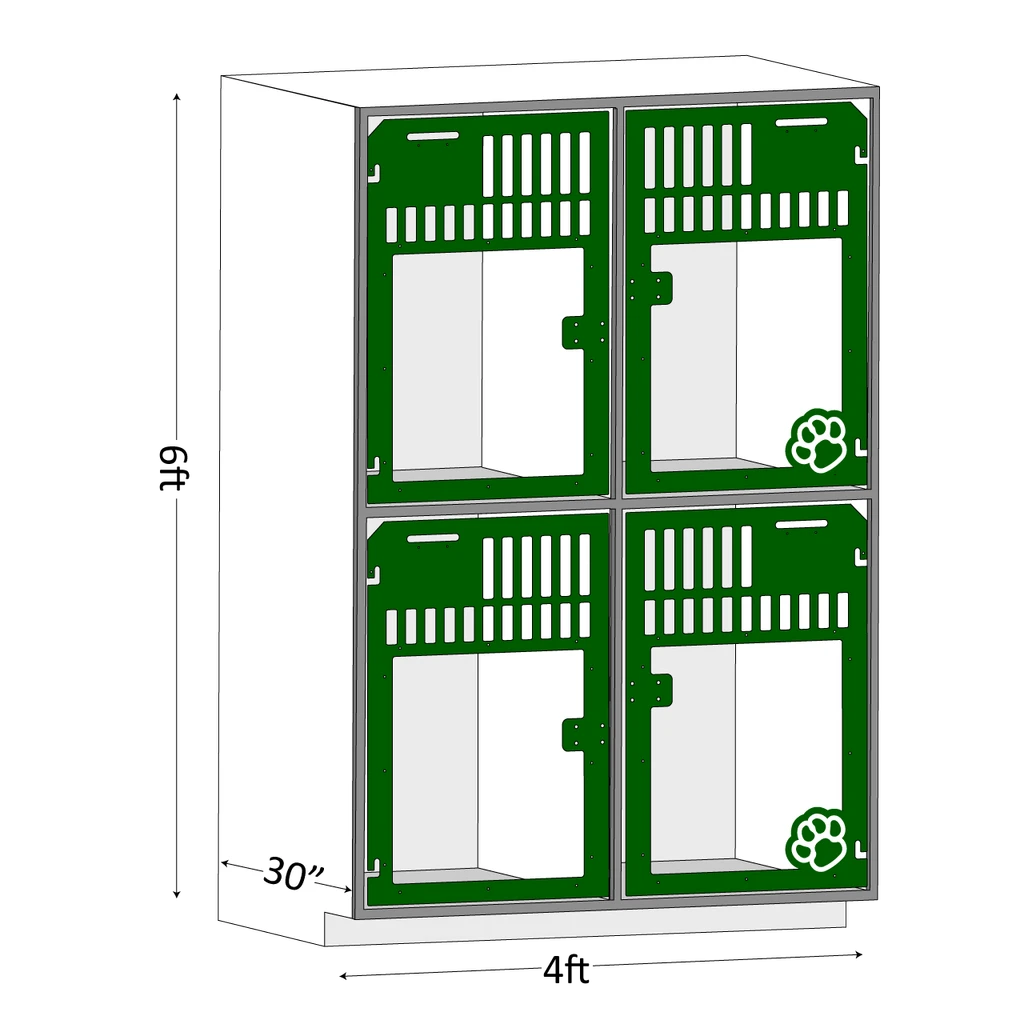 Double stacked kennel with dimensions.