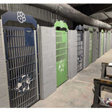 Gator Kennels green and navy custom logo gates. Gator Kennels green and navy custom logo gates.