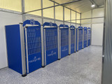 Happy Tails Dog Ranch in Colorado chose our royal blue kennels for their facility. They have our half-slotted gates with their logo on the bottom. The come with the headers and clipboards and they decided to do our paw print on their headers. 