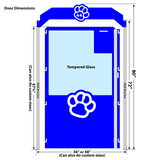 Blue dog kennel door with dimensions written on the side. Marked 36" or 48" wide by 67¾" tall but custom sizes are also available. Blue dog kennel door with dimensions written on the side. Marked 36" or 48" wide by 67¾" tall but custom sizes are also available.