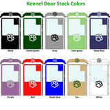 Multiple images of dog kennel doors in an array of colors. Colors include black, forest-green, grey, lime-green, navy-blue, purple, red, royal-blue, tan, white. Multiple images of dog kennel doors in an array of colors. Colors include black, forest-green, grey, lime-green, navy-blue, purple, red, royal-blue, tan, white.