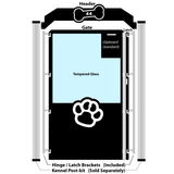Black dog kennel door with individual gate components listed. Door components include the gate hinge, gate latch, a clipboard clip, and kennel number. Black dog kennel door with individual gate components listed. Door components include the gate hinge, gate latch, a clipboard clip, and kennel number.