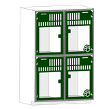Double stacked kennel with glass doors for dog boarding.