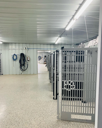 Scally Wags Pet Resort Custom Gator Kennels in Grey and Black