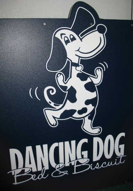 Dancing Dog Bed & Biscuit Custom Logo Engraved on Gator Kennels Navy Blue Gate