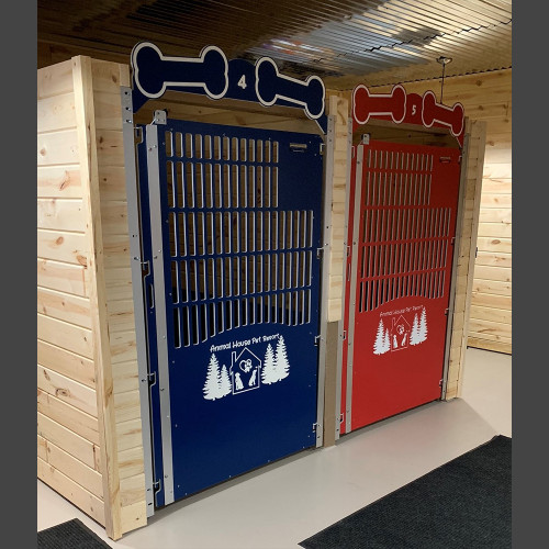 Animal House Pet Resort custom gator kennels gates in navy blue and red