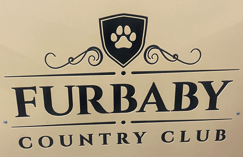 Furbaby Country Club Custom Logo Engraved on a Gator Kennels Tan Gate