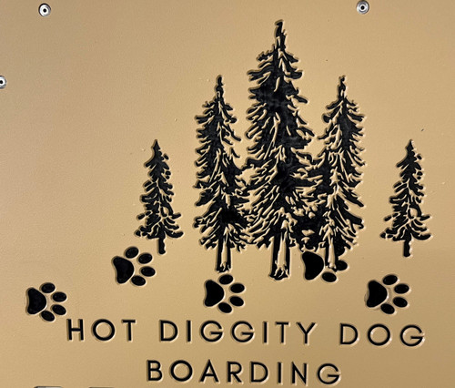 Hot Diggity Dog Boarding Custom Logo Engraved on a Tan Gator Kennels Gate