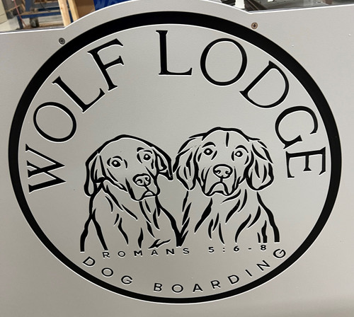 Wolf Lodge Dog Boarding Custom Logo Engraved on a Gator Kennels Door in Grey