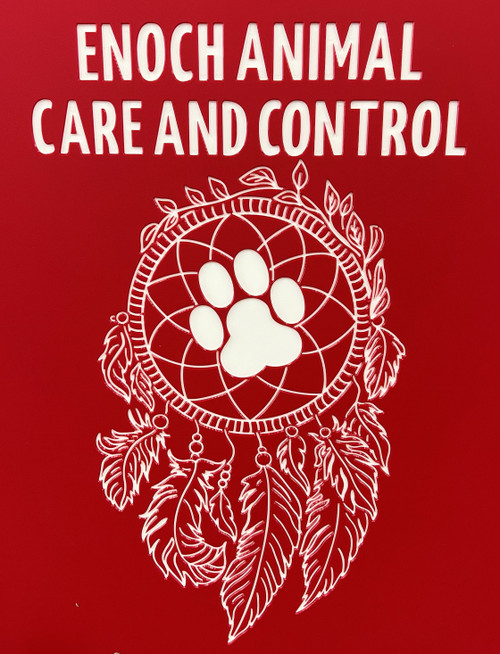 Enoch Animal Care & Control Custom Logo Engraved on a Gator Kennels Door in Red