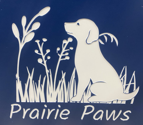 Prairie Paws Custom Logo Engraved on a Gator Kennels Gate in Navy Blue