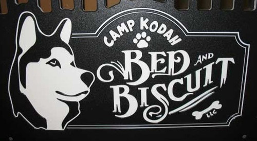 Camp Kodah Bed & Biscuit Custom Logo Engraved on Gator Kennels Black Gate