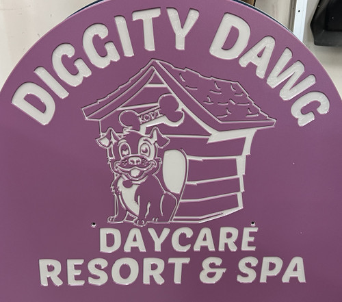 Diggity Dawg Resort & Spa Custom Logo Engraved on Gator Kennels Purple Gate