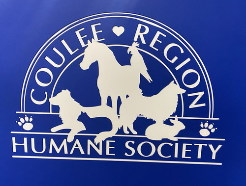 Coulee Region Humane Society's custom logo engraved on a royal blue Gator Kennels gate