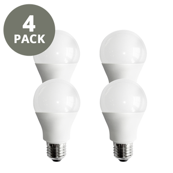 4 pack A19 LED bulbs on white background