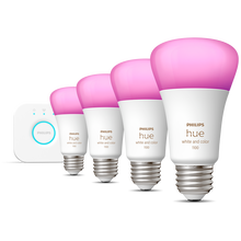 Hue White & Color Ambiance 4-pack Starter Kit: LEDs with purple hue and Hue Bridge