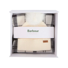 Barbour Ladies Dover Beanie and Hailes Scarf Gift Set in Monochrome Tartan
