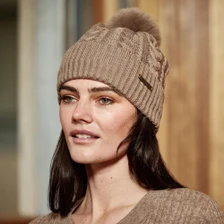 WeatherBeeta Ladies Cable Knit Pom Pom Beanie - Dark Taupe