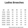 Premier Equine Ladies Delta Full Seat Gel Riding Breeches - Size Guide
