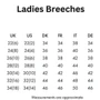 Premier Equine Ladies Delta Full Seat Gel Riding Breeches - Size Guide