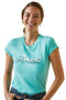 Ariat Ladies Varsity Outline T-Shirt in Pool Blue - Chest Detail