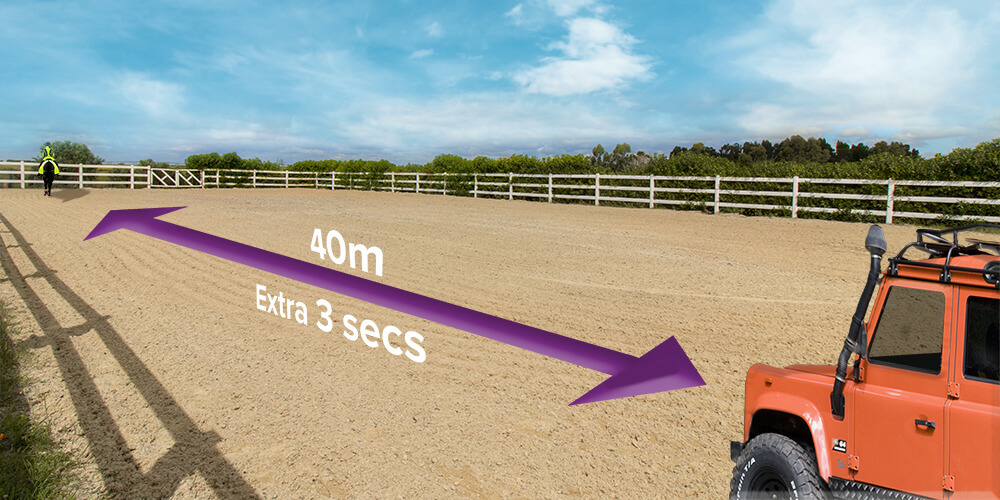 Horse arena with hi-viz horse and rider and orange Land Rover defender