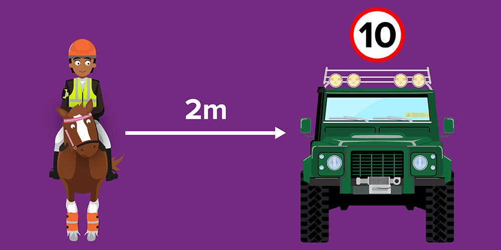 HI-viz horse next to Green Land Rover Defender info graphic