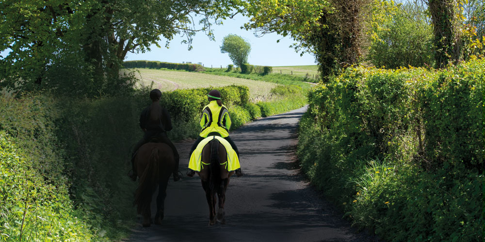 Horse and rider with no hi-vis next to one with walking down country lane