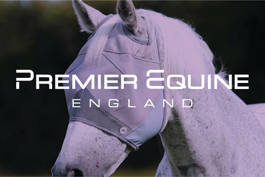 Premier Equine logo with horse in background Premier Equine wearing fly mask
