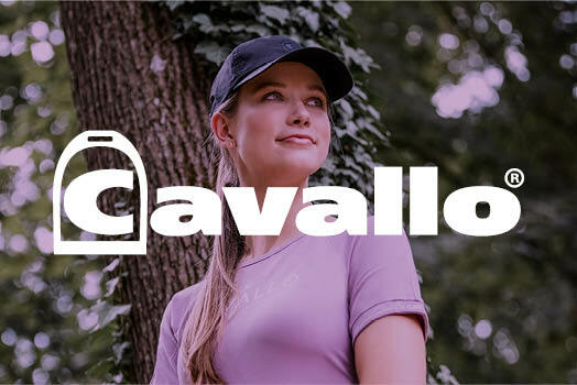 Cavllo logo with woman wearing pink Cavallo t-shirt and blue Cavallo cap in background